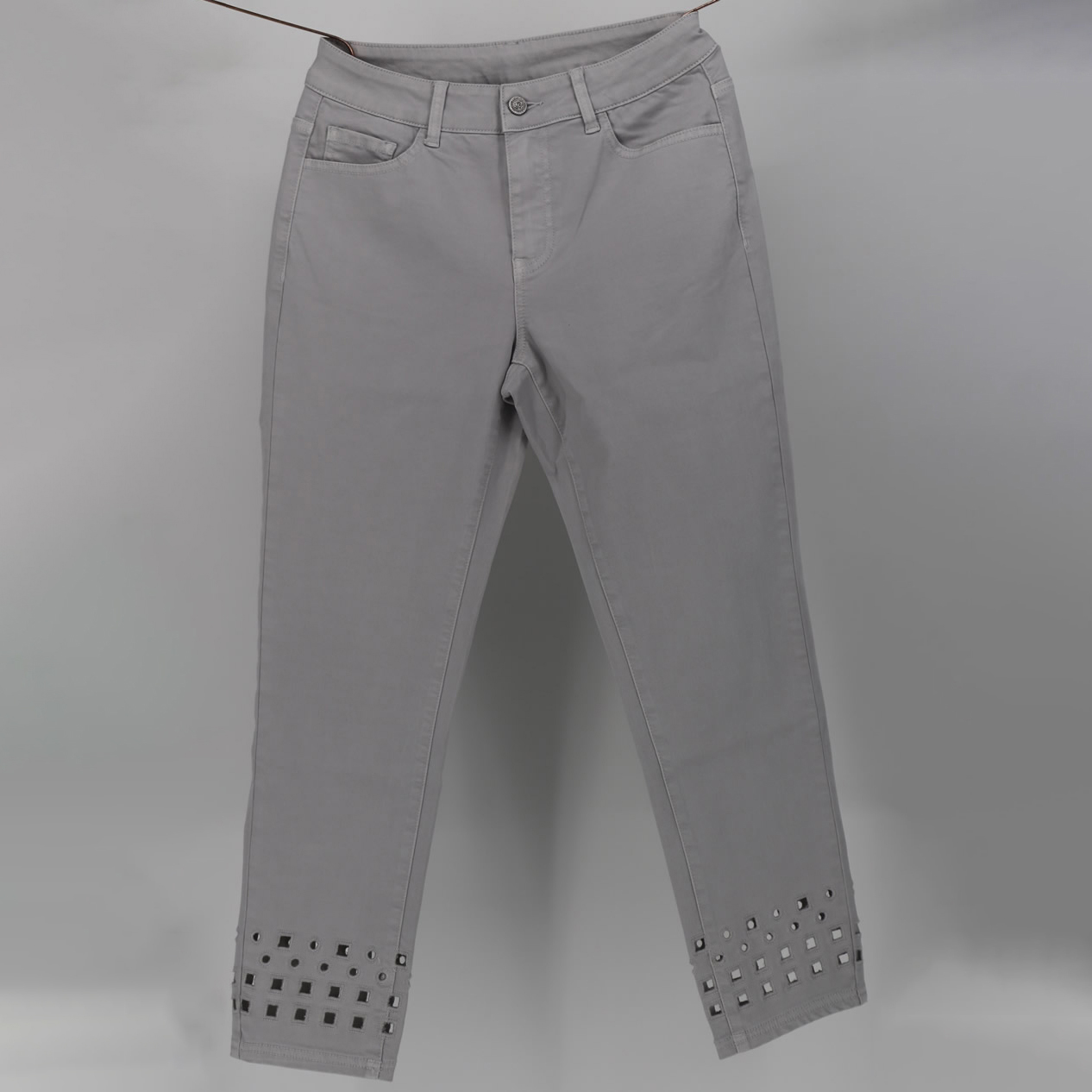 Women's Grey Studded Slim-Fit Ankle Pants | Stylish Casual Trousers