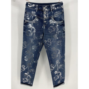 Floral Print Denim Jeans with High Waist and Button Fly