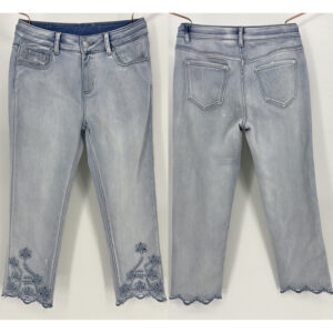 Elegant Light Wash Embroidered Floral Denim Jeans with Scalloped Hem