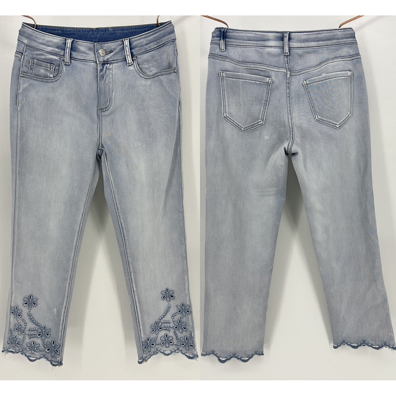 Elegant Light Wash Embroidered Floral Denim Jeans with Scalloped Hem